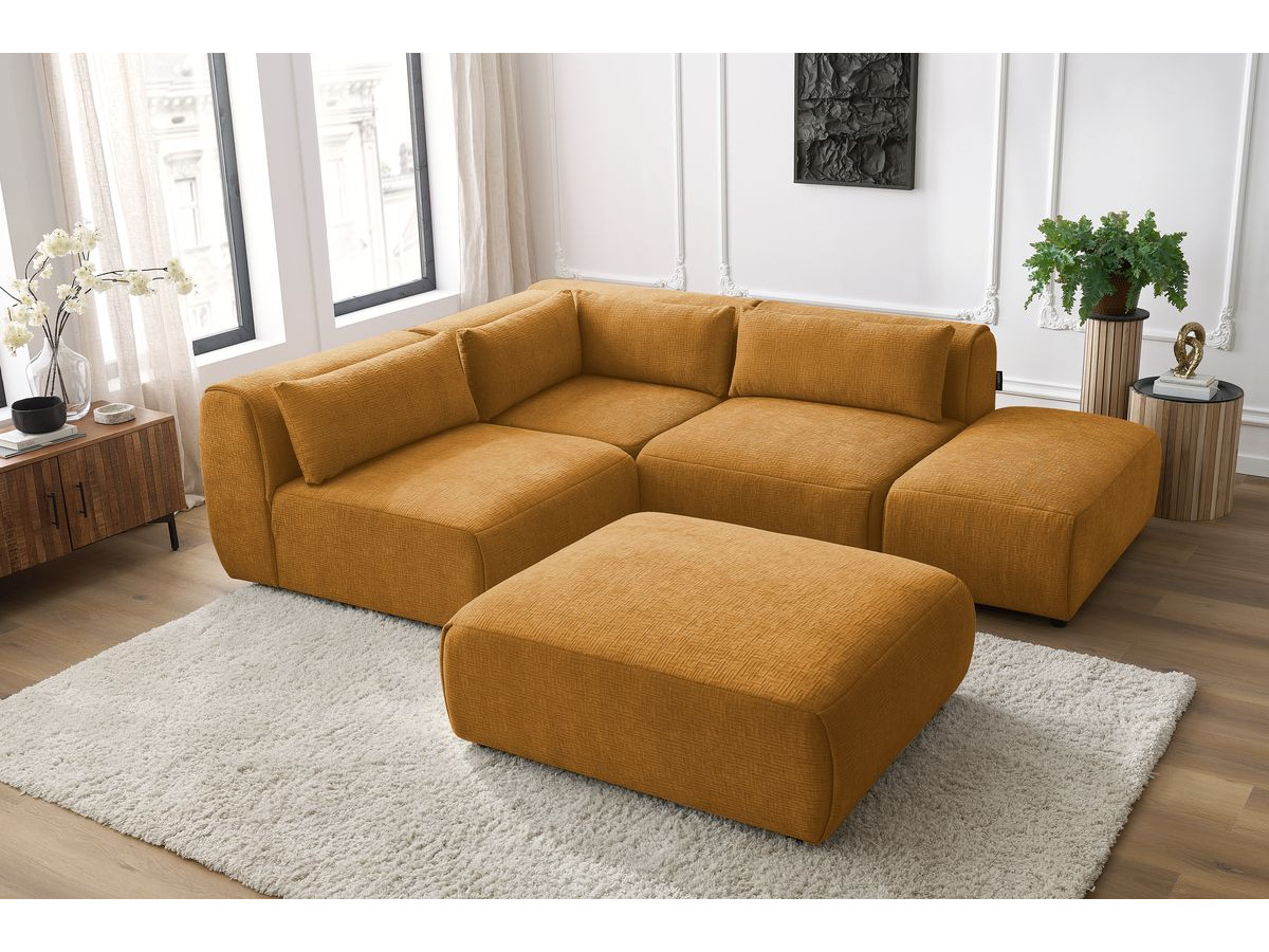 JEANNE modulaire vaste hoekbank in structuurstof met 2 fauteuils, 1 hoekbank en 2 poefs