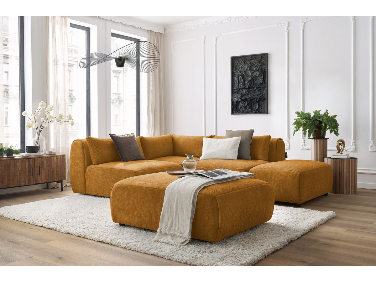 JEANNE modulaire vaste hoekbank in structuurstof met 2 fauteuils, 1 hoekbank en 2 poefs