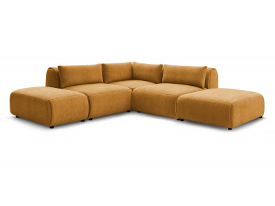 Canapé d'angle fixe modulable JEANNE tissu texturé avec 2 chauffeuses, 1 angle et 2 poufs