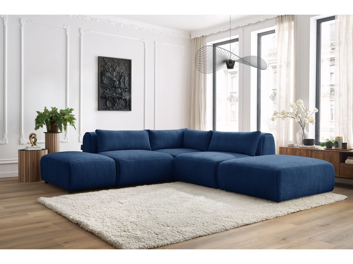 JEANNE modulaire vaste hoekbank in structuurstof met 2 fauteuils, 1 hoekbank en 2 poefs