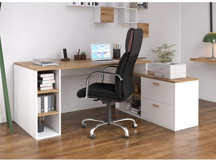Bureau d'angle droit PRAGUE imitation chêne et blanc