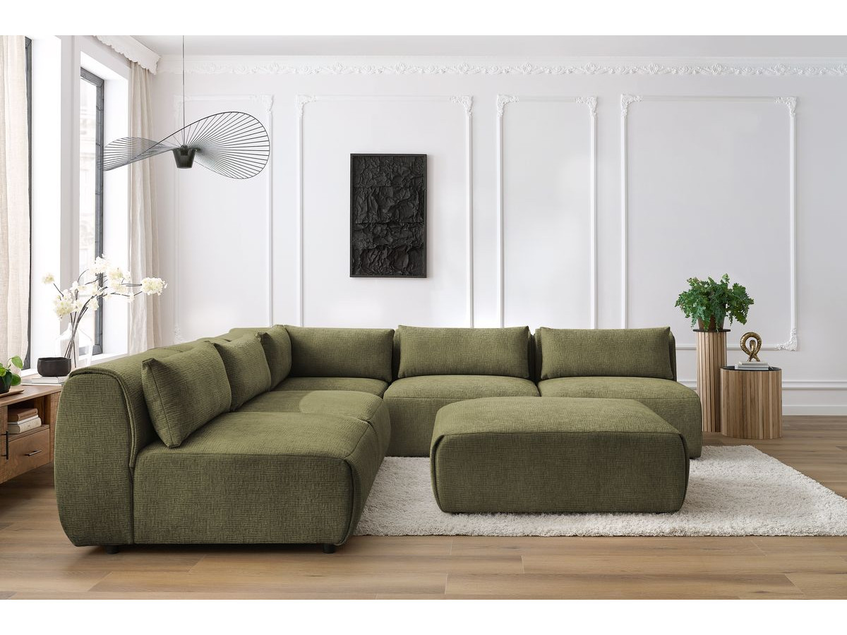 Canapé d'angle fixe modulable JEANNE tissu texturé avec 4 chauffeuses, 1 angle et 1 pouf