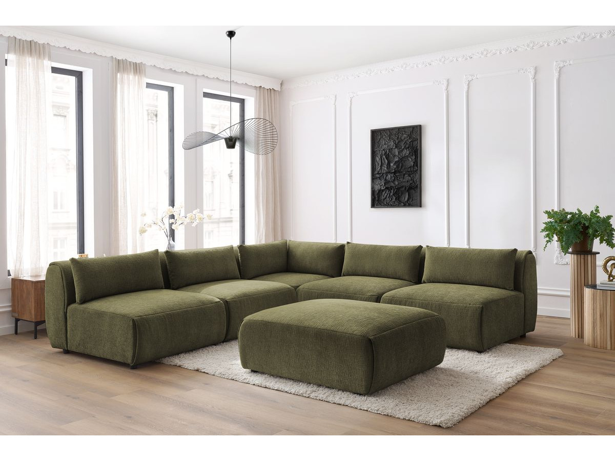 Canapé d'angle fixe modulable JEANNE tissu texturé avec 4 chauffeuses, 1 angle et 1 pouf