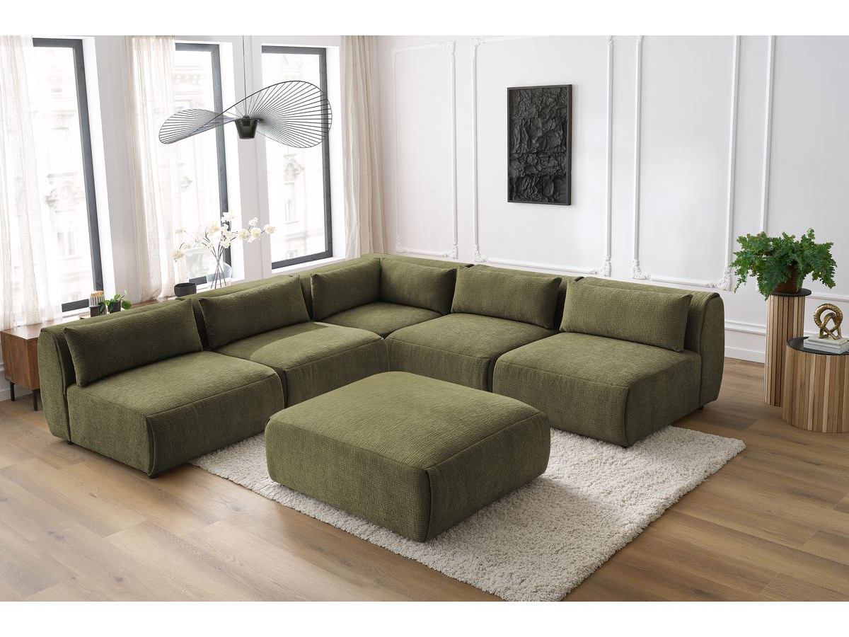 Canapé d'angle fixe modulable JEANNE tissu texturé avec 4 chauffeuses, 1 angle et 1 pouf