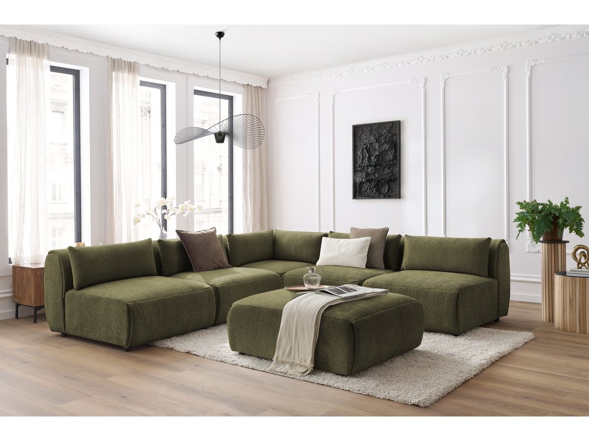 Canapé d'angle fixe modulable JEANNE tissu texturé avec 4 chauffeuses, 1 angle et 1 pouf
