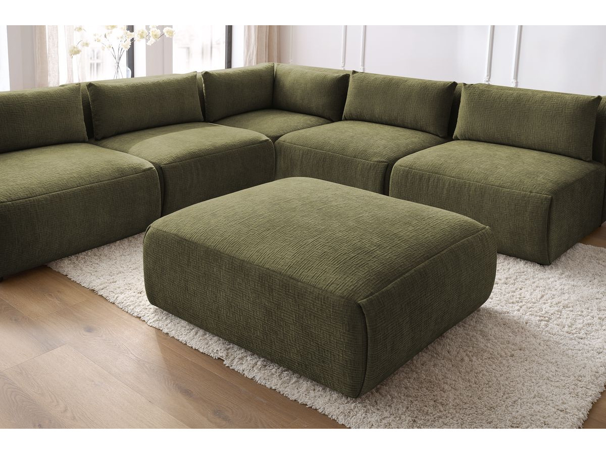 Canapé d'angle fixe modulable JEANNE tissu texturé avec 4 chauffeuses, 1 angle et 1 pouf