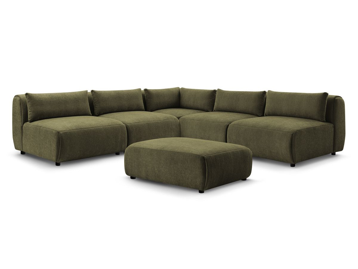 Canapé d'angle fixe modulable JEANNE tissu texturé avec 4 chauffeuses, 1 angle et 1 pouf