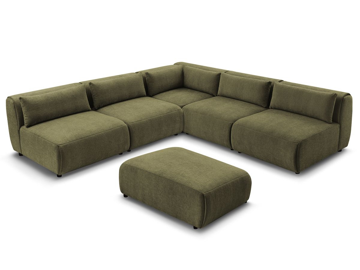 Canapé d'angle fixe modulable JEANNE tissu texturé avec 4 chauffeuses, 1 angle et 1 pouf