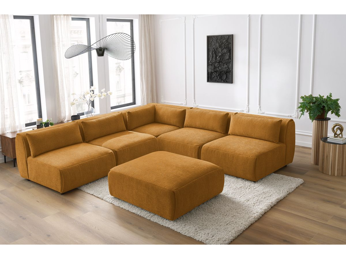 Canapé d'angle fixe EVEREST tissu chiné - Orange - Angle droit - 10 coussins