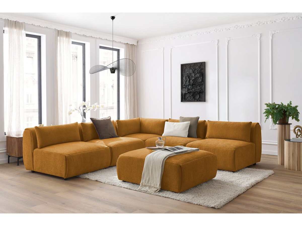 Canapé d'angle fixe EVEREST tissu chiné - Orange - Angle droit - 10 coussins