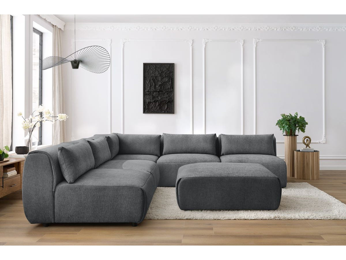 Canapé d'angle fixe modulable JEANNE tissu texturé avec 4 chauffeuses, 1 angle et 1 pouf