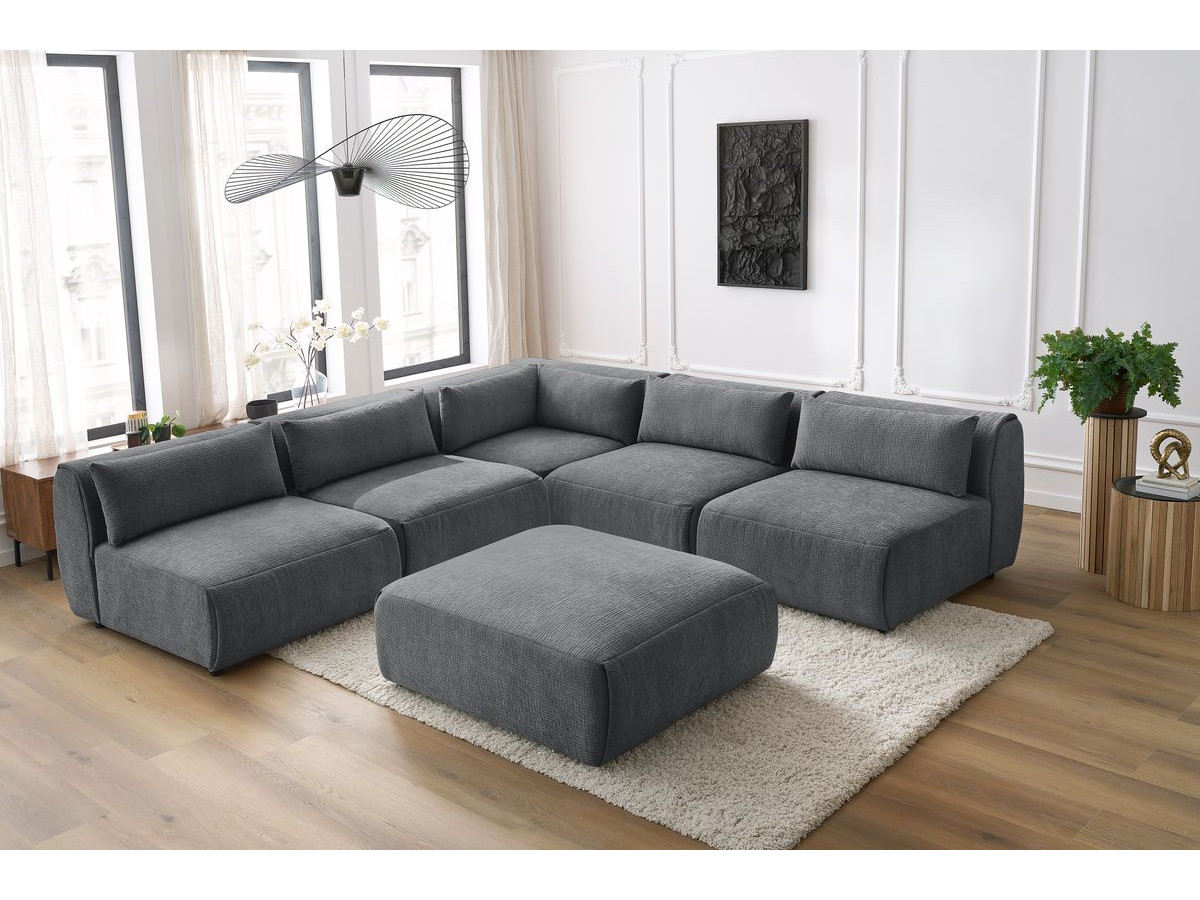 Canapé d'angle fixe modulable JEANNE tissu texturé avec 4 chauffeuses, 1 angle et 1 pouf