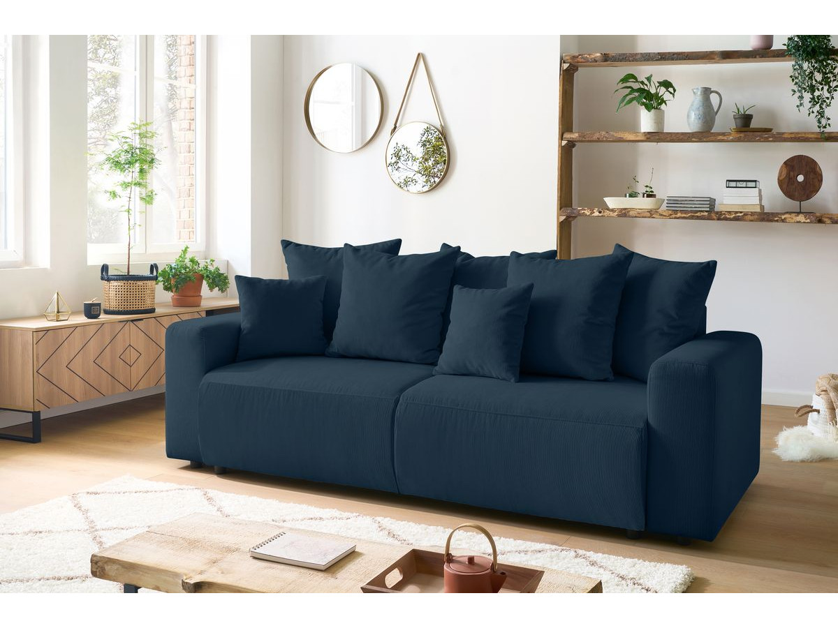 Canapé droit convertible coffre ENVY velours côtelé avec pouf