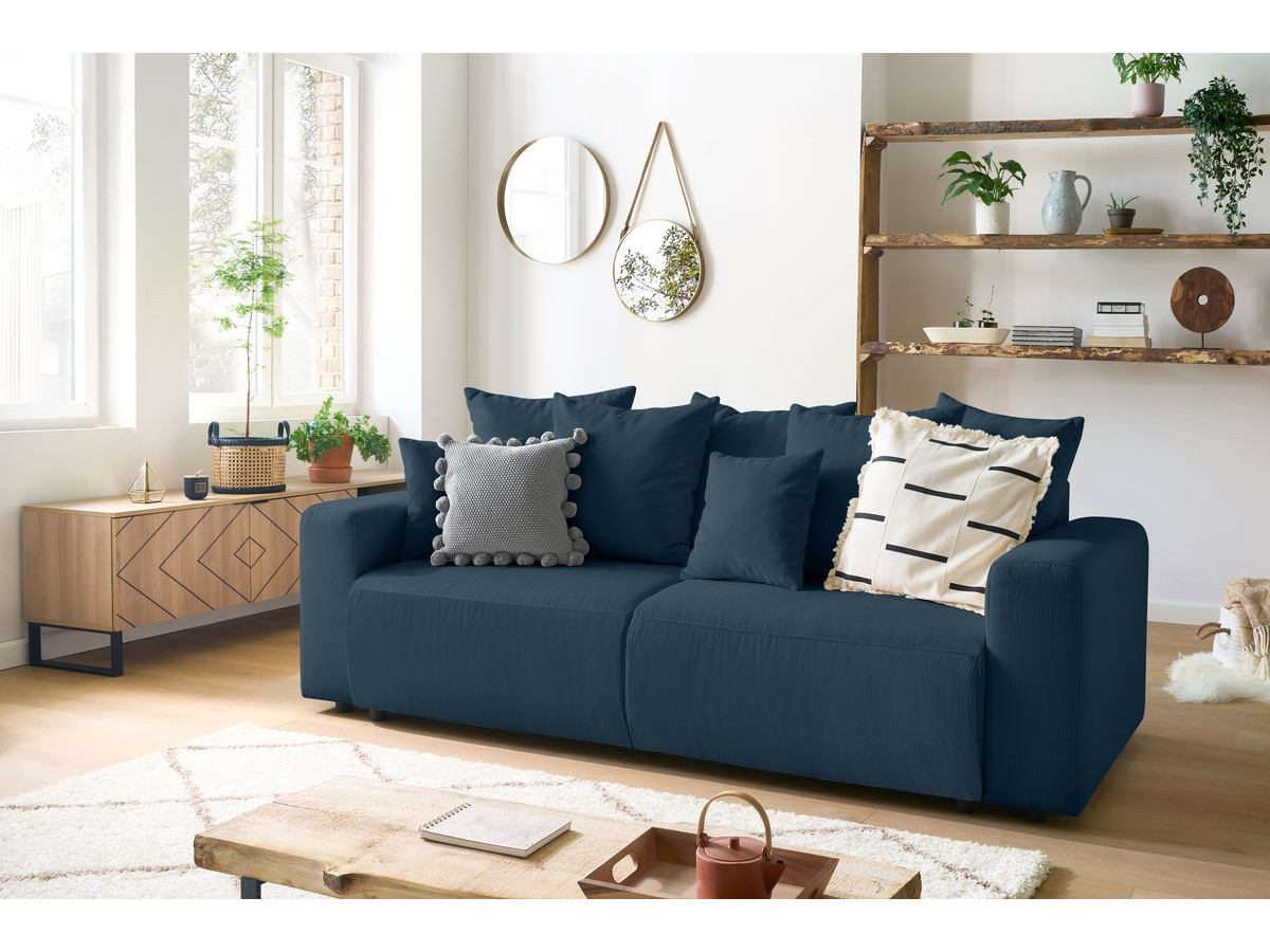 Canapé droit convertible coffre ENVY velours côtelé avec pouf