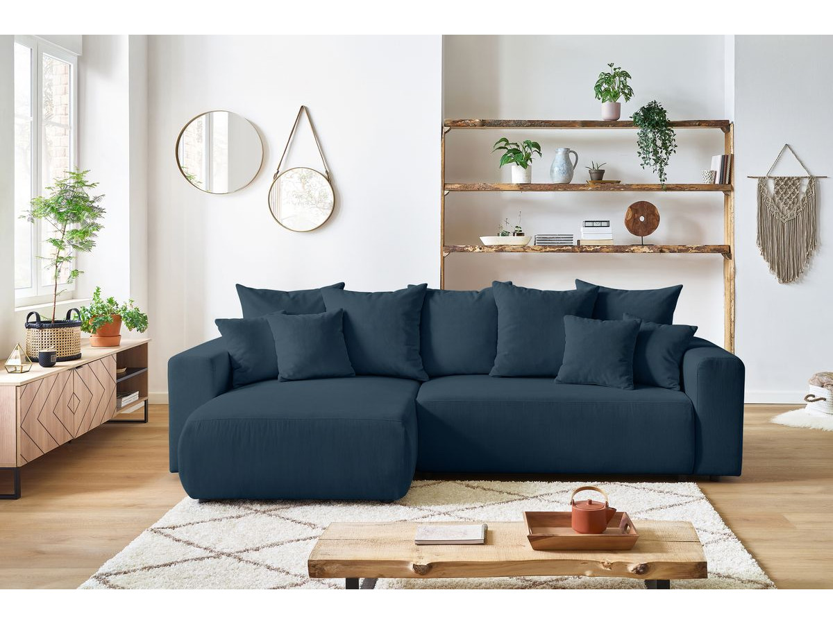 Canapé d'angle réversible convertible coffre ENVY velours côtelé avec pouf