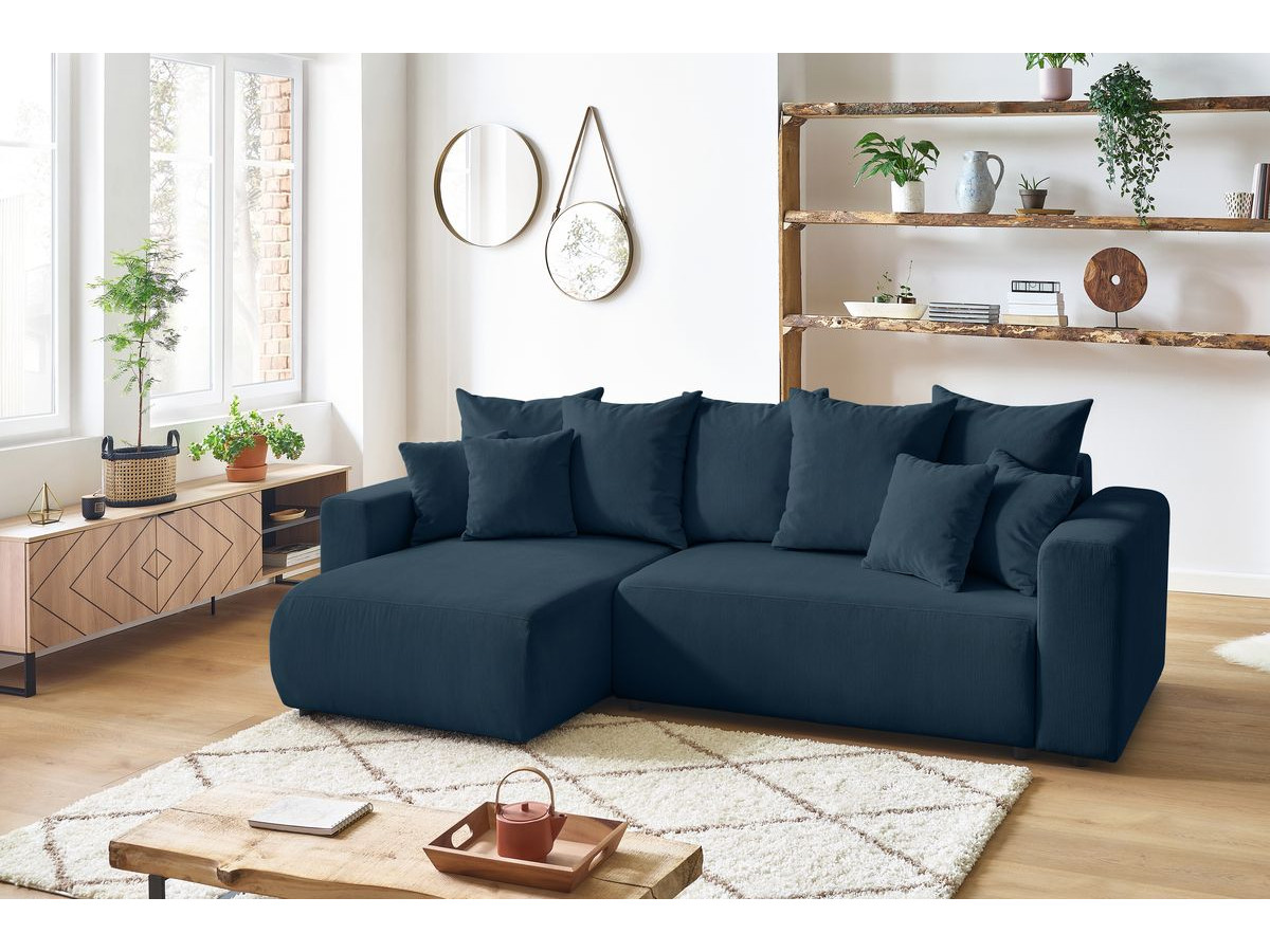 Canapé d'angle réversible convertible coffre ENVY velours côtelé avec pouf