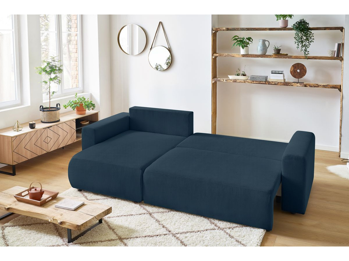 Canapé d'angle réversible convertible coffre ENVY velours côtelé avec pouf