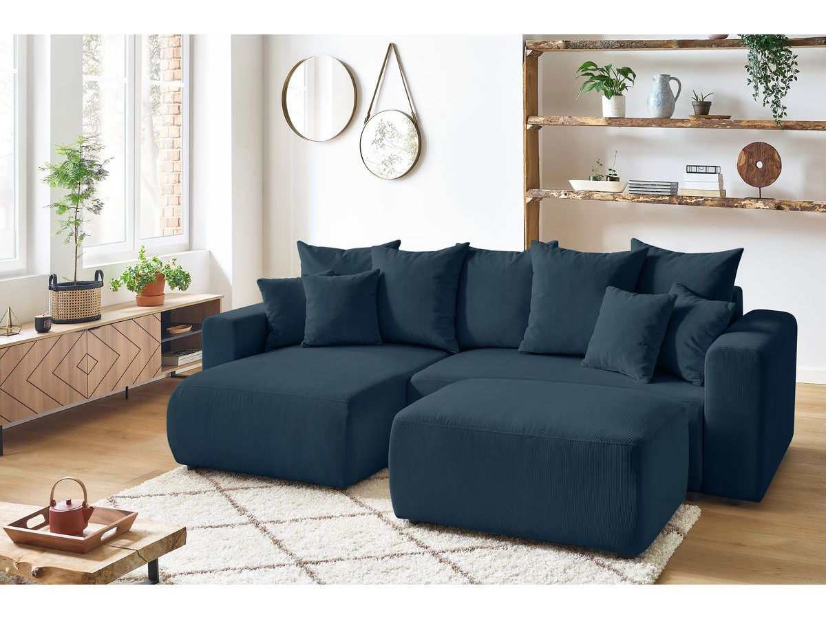 Canapé d'angle réversible convertible coffre ENVY velours côtelé avec pouf