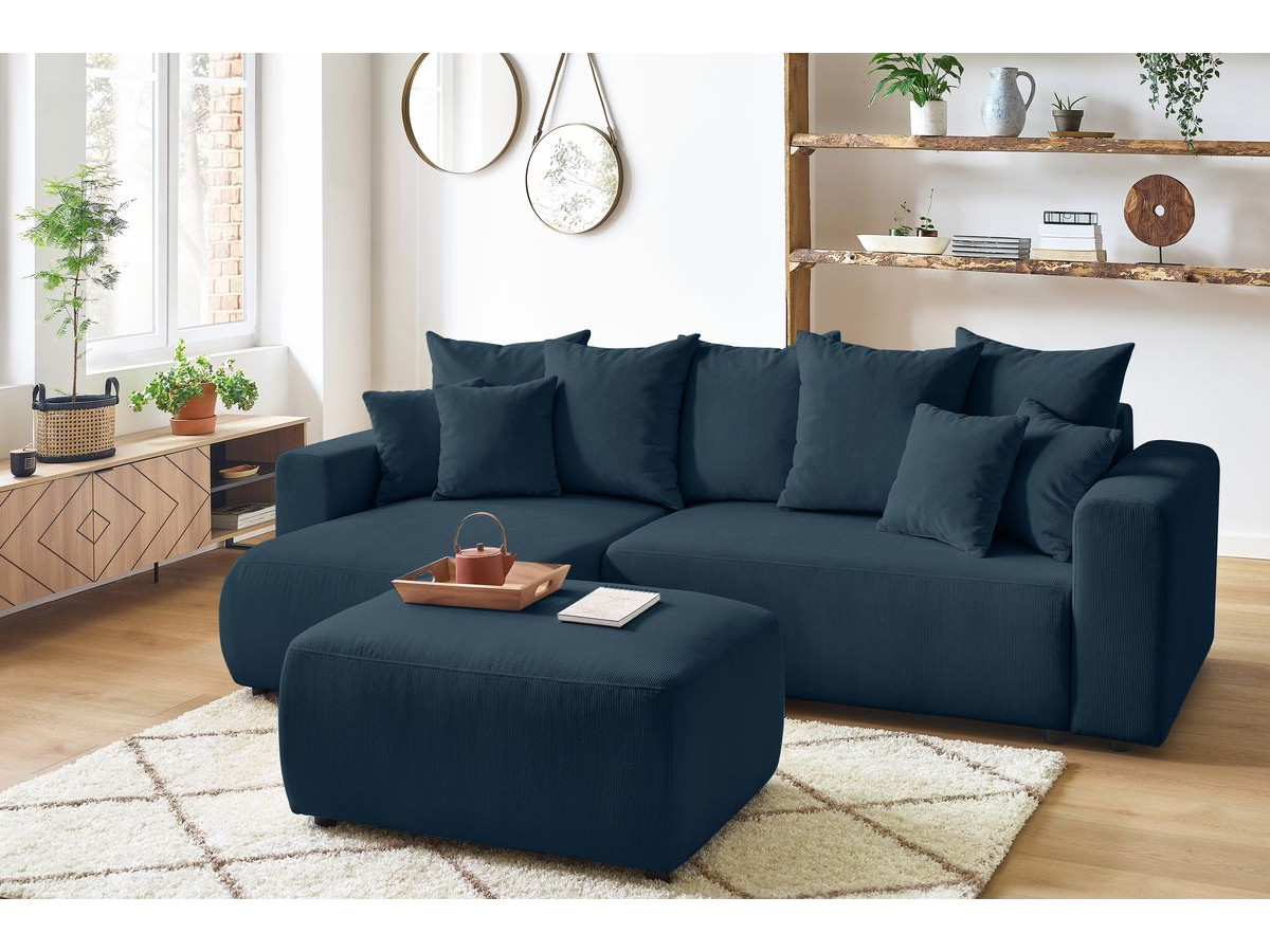 Canapé d'angle réversible convertible coffre ENVY velours côtelé avec pouf bleu foncé — vue 5