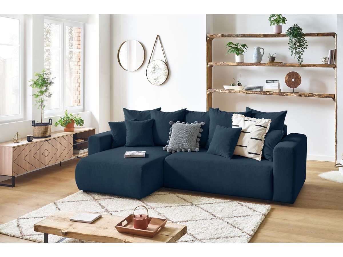 Canapé d'angle réversible convertible coffre ENVY velours côtelé avec pouf