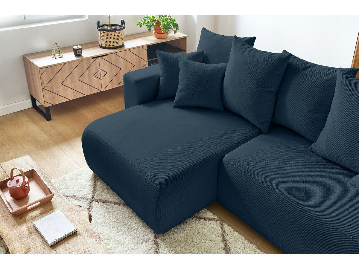 Canapé d'angle réversible convertible coffre ENVY velours côtelé avec pouf