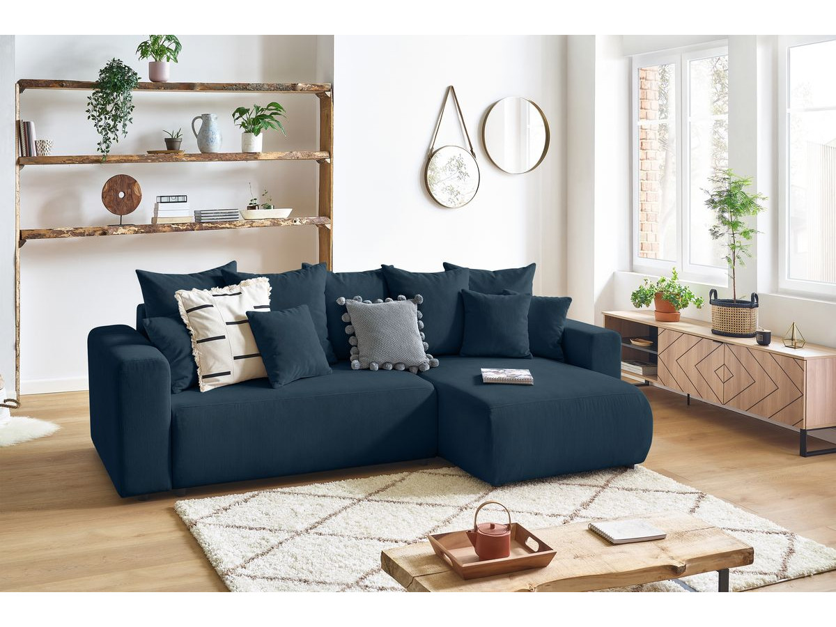 Canapé d'angle réversible convertible coffre ENVY velours côtelé avec pouf