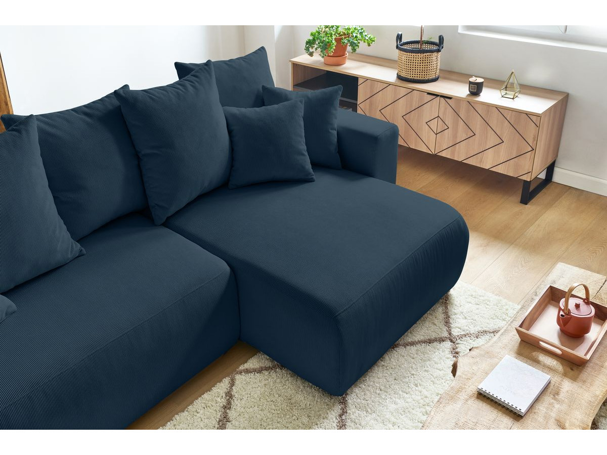 Canapé d'angle réversible convertible coffre ENVY velours côtelé avec pouf
