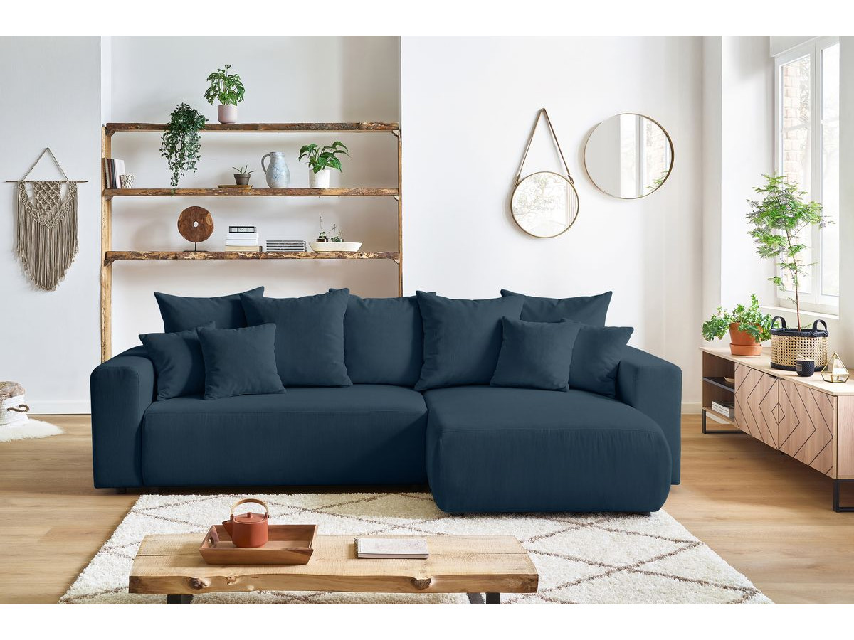 Canapé d'angle réversible convertible coffre ENVY velours côtelé avec pouf