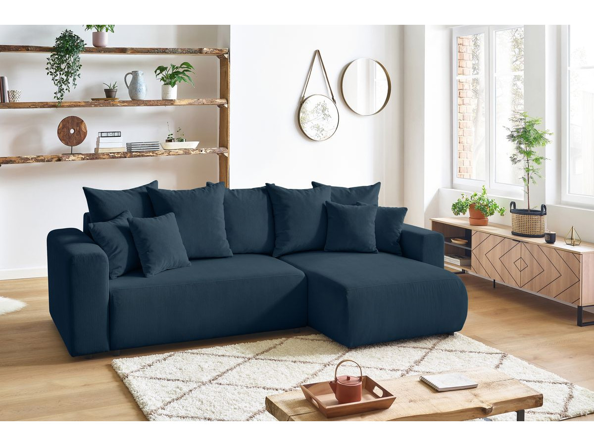 Canapé d'angle réversible convertible coffre ENVY velours côtelé avec pouf