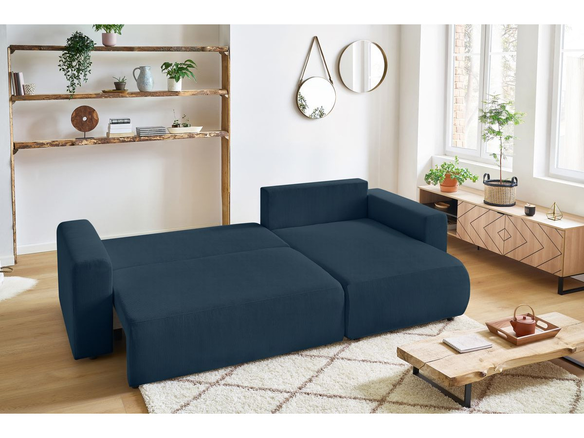 Canapé d'angle réversible convertible coffre ENVY velours côtelé avec pouf