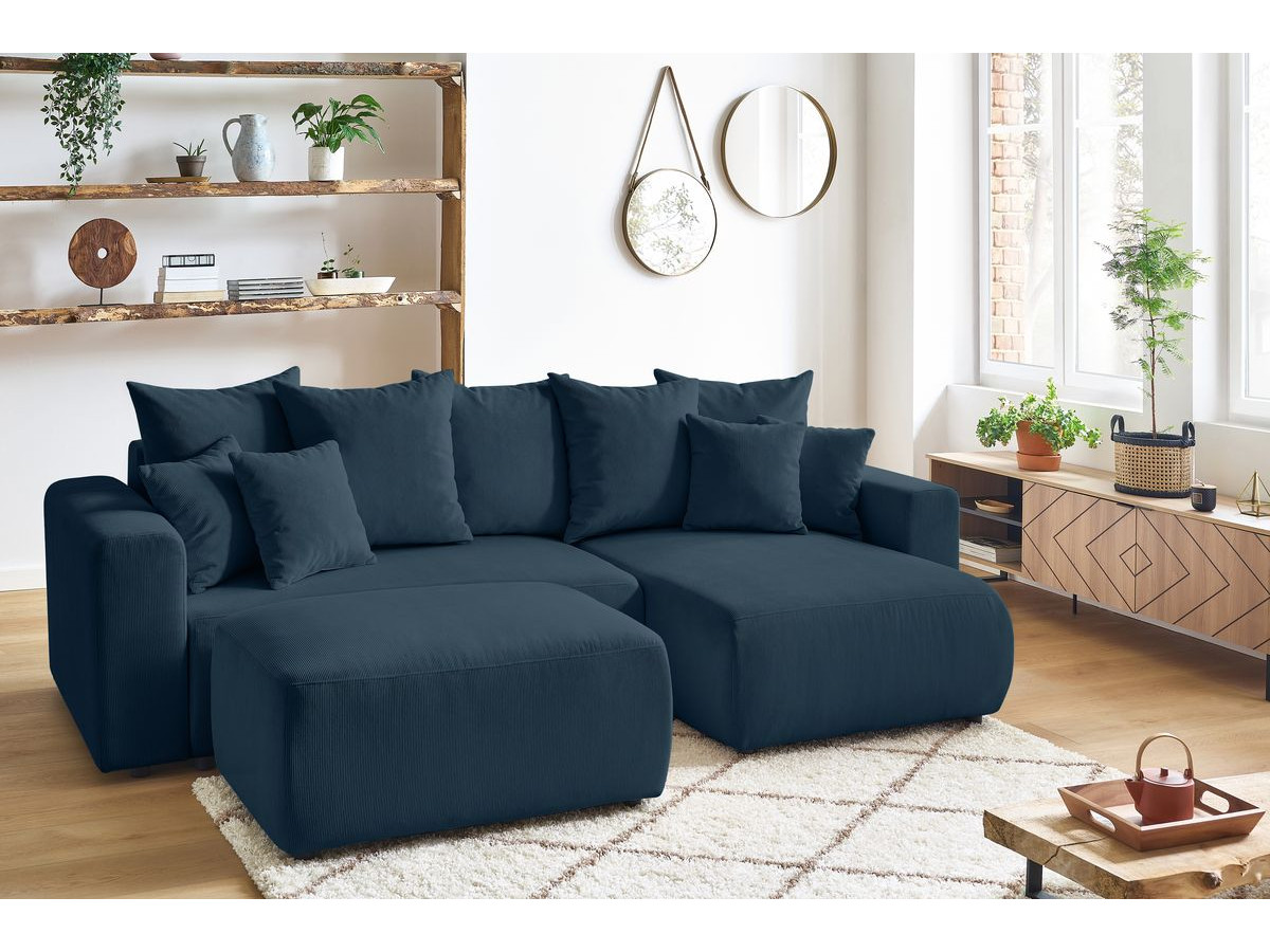 Canapé d'angle réversible convertible coffre ENVY velours côtelé avec pouf