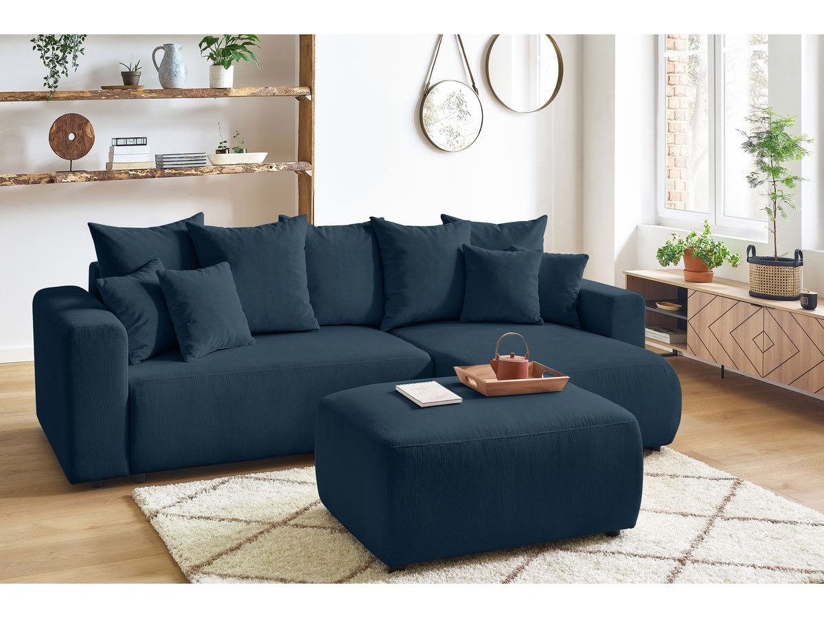 Canapé d'angle réversible convertible coffre ENVY velours côtelé avec pouf