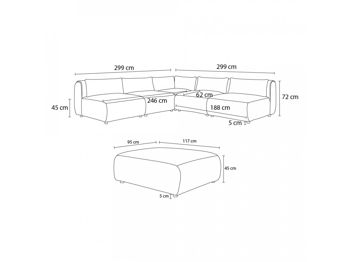 Canapé d'angle fixe modulable JEANNE tissu texturé avec 4 chauffeuses, 1 angle et 1 pouf