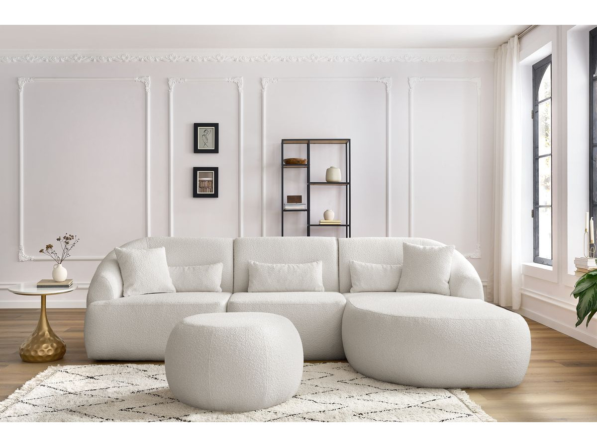 Canapé d'angle fixe ALESIA tissu bouclette avec pouf blanc  angle droit BOBOCHIC 4 places - Vue supplémentaire 3