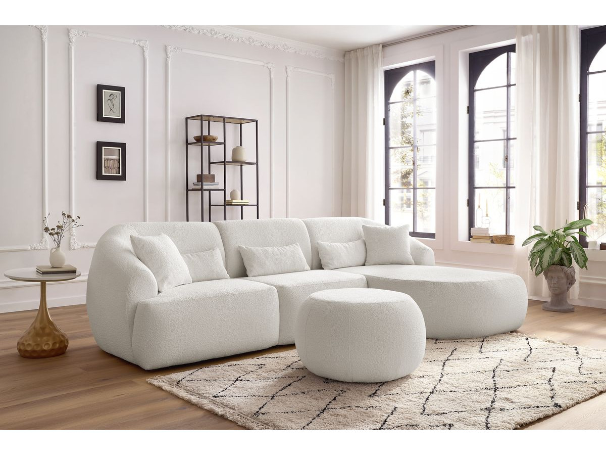 Canapé d'angle fixe ALESIA tissu bouclette avec pouf blanc  angle droit BOBOCHIC 4 places - Vue supplémentaire 2