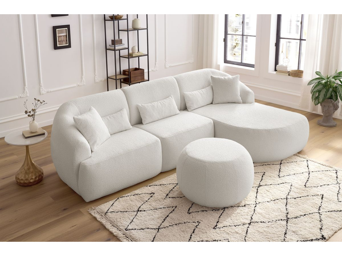 Canapé d'angle fixe ALESIA tissu bouclette avec pouf