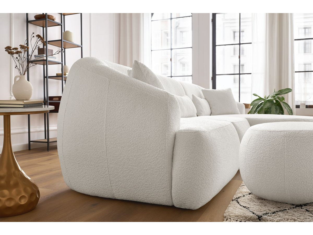 Canapé d'angle fixe ALESIA tissu bouclette avec pouf