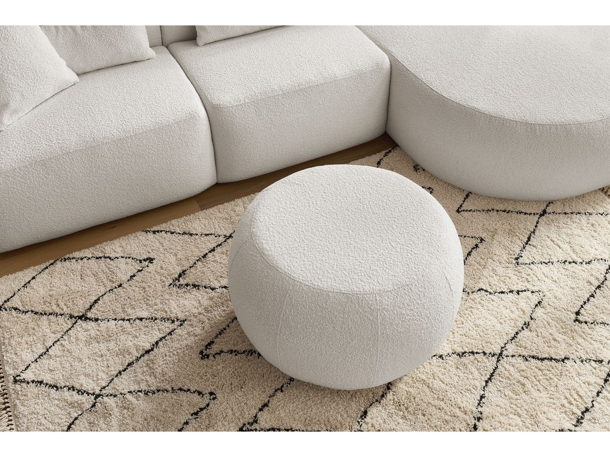 Canapé d'angle fixe ALESIA tissu bouclette avec pouf