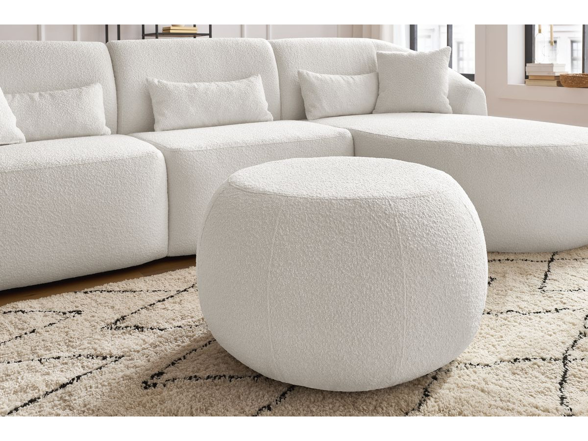 Canapé d'angle fixe ALESIA tissu bouclette avec pouf