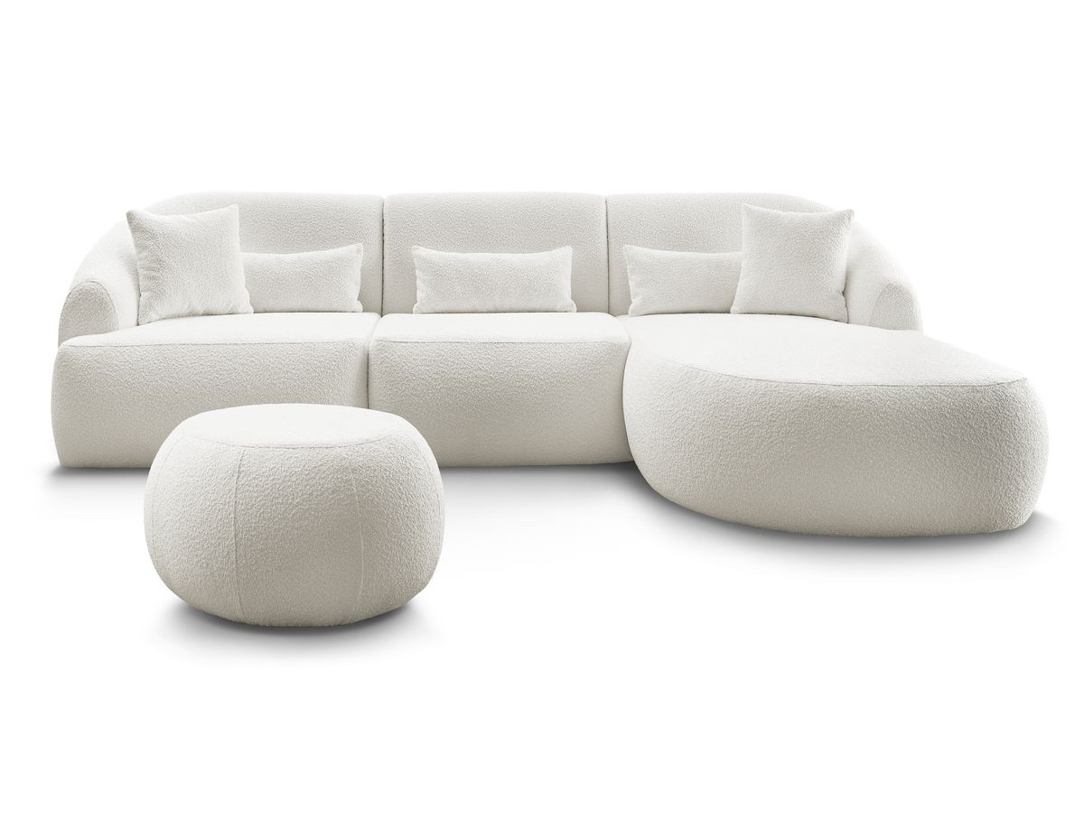 Canapé d'angle fixe ALESIA tissu bouclette avec pouf