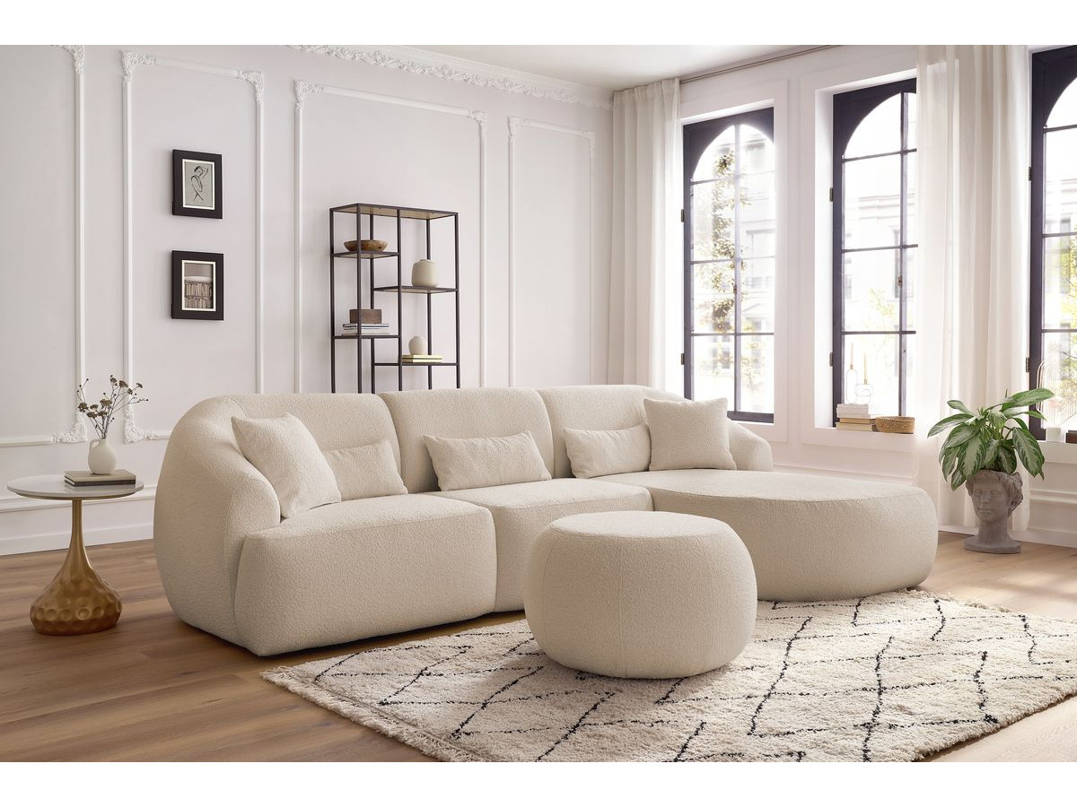 Canapé d'angle fixe ALESIA tissu bouclette avec pouf beige  angle droit BOBOCHIC 4 places - Vue supplémentaire 2