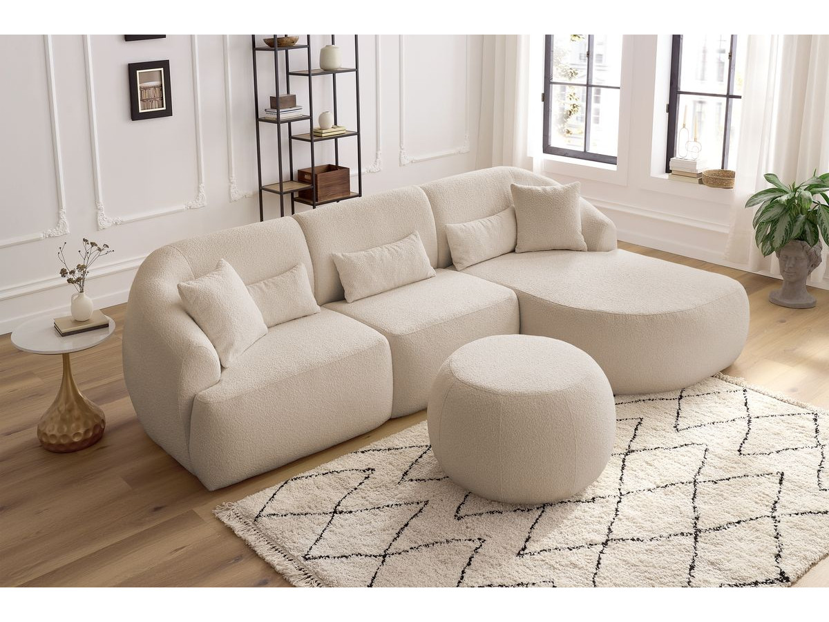 Canapé d'angle fixe ALESIA tissu bouclette avec pouf