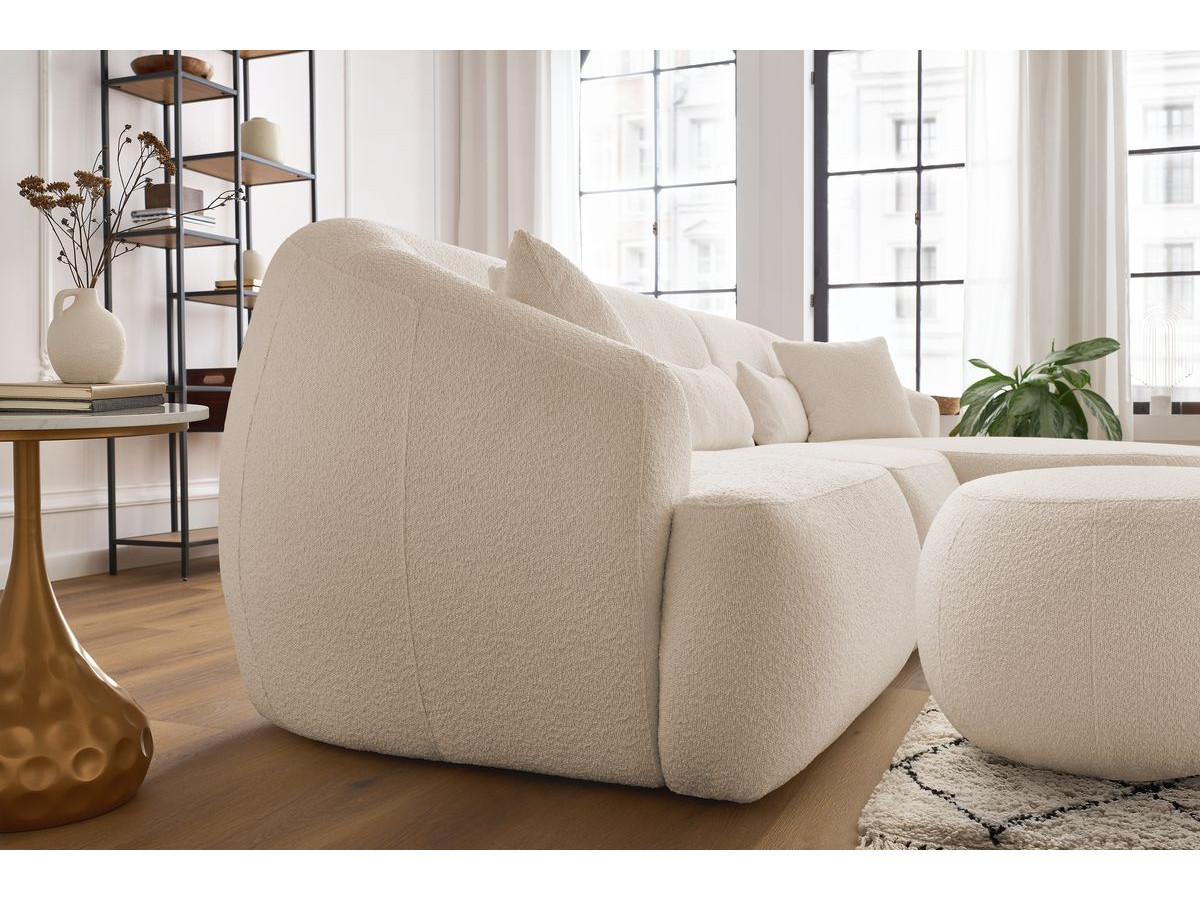 Canapé d'angle fixe ALESIA tissu bouclette avec pouf