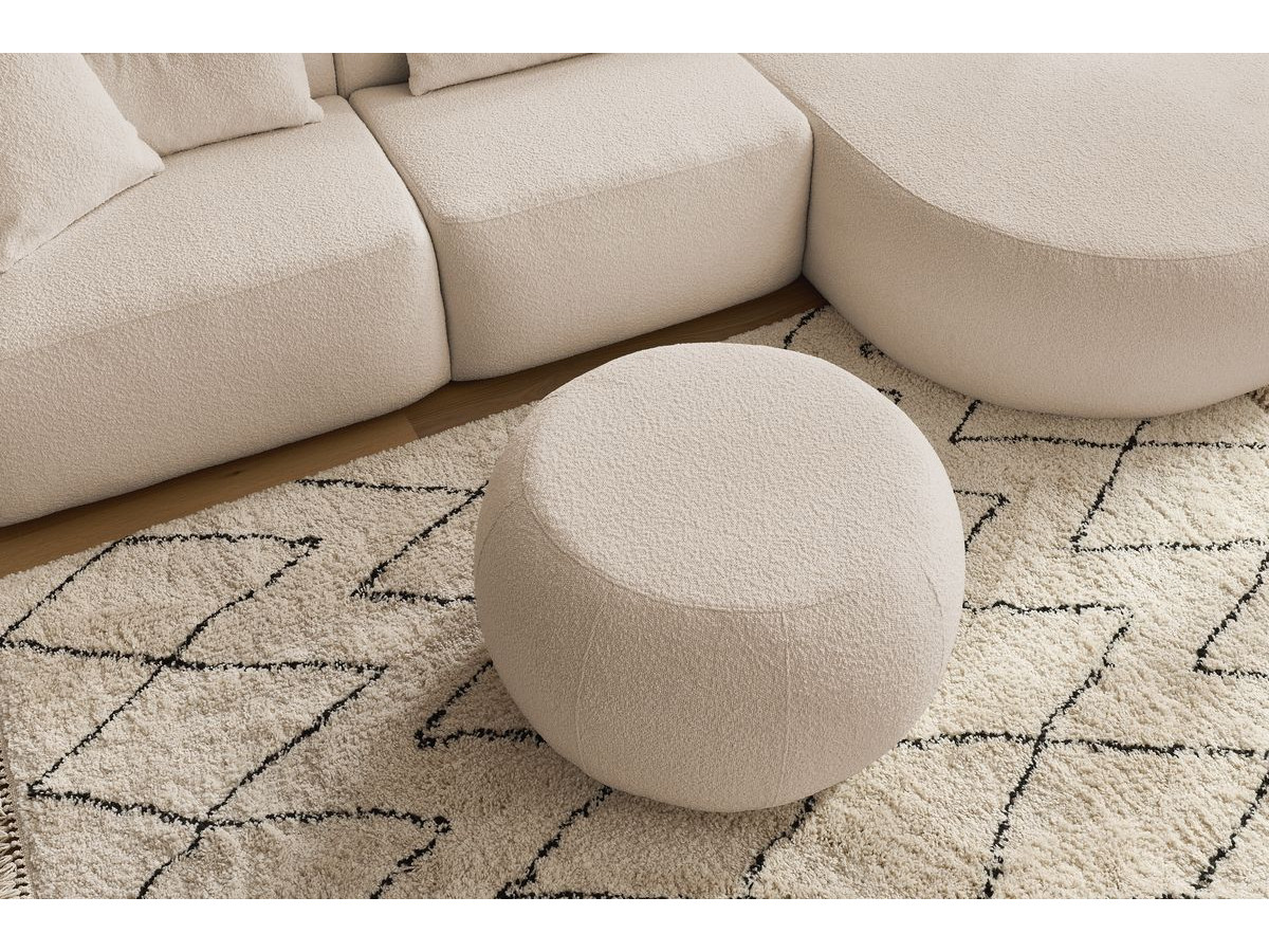 Canapé d'angle fixe ALESIA tissu bouclette avec pouf