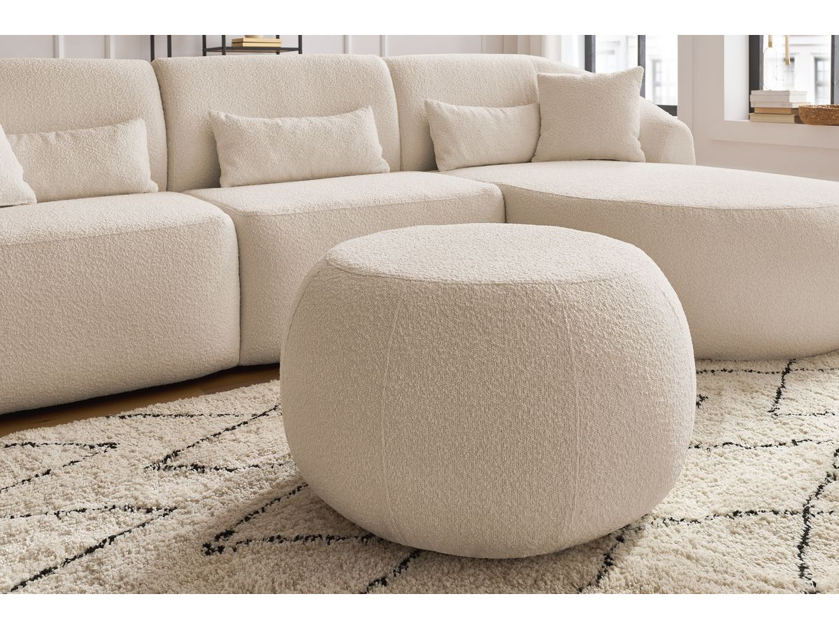 Canapé d'angle fixe ALESIA tissu bouclette avec pouf