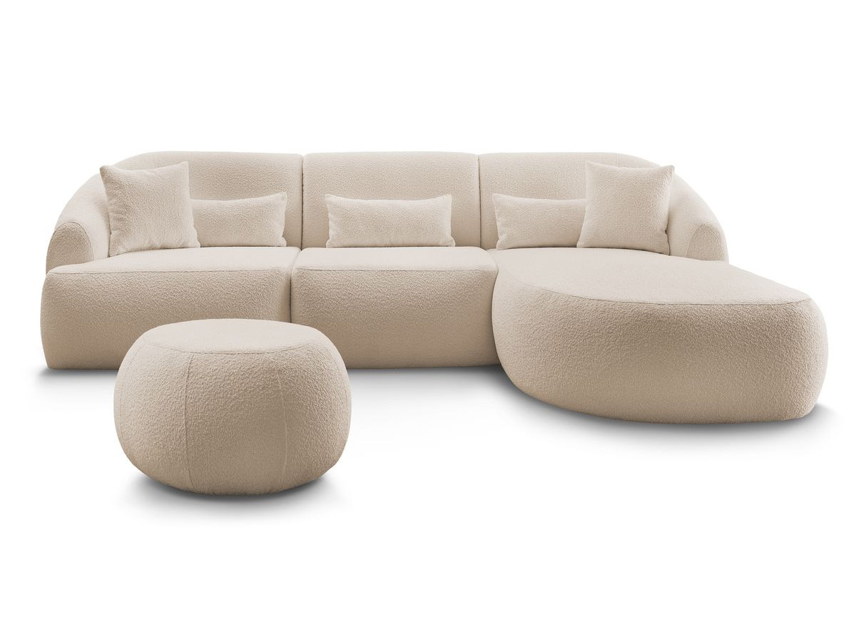 Canapé d'angle fixe ALESIA tissu bouclette avec pouf