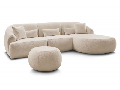 Canapé d'angle fixe ALESIA tissu bouclette avec pouf