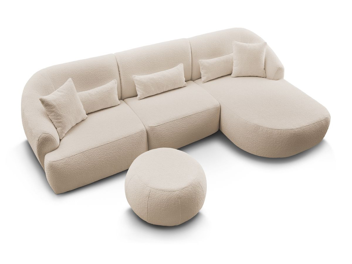 Canapé d'angle fixe ALESIA tissu bouclette avec pouf