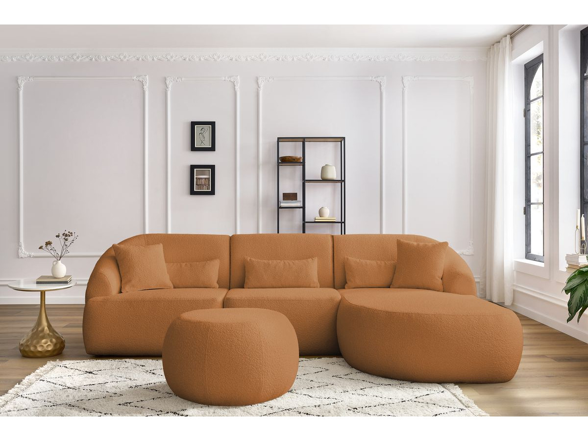 Canapé d'angle fixe ALESIA tissu bouclette avec pouf jaune  angle droit BOBOCHIC 4 places - Vue supplémentaire 3