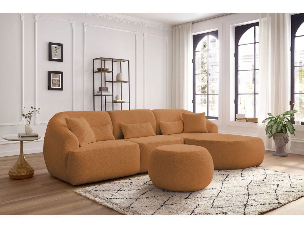 Canapé d'angle fixe ALESIA tissu bouclette avec pouf jaune  angle droit BOBOCHIC 4 places - Vue supplémentaire 2